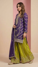 Deep Purple & Lime Green Heavy Soft Silk 3-Piece Plazo Set with Elegant Thread Work