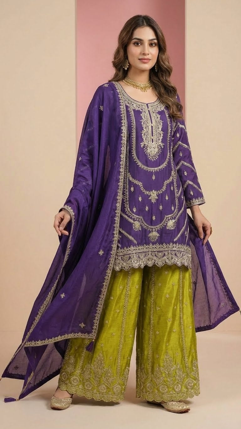 Deep Purple & Lime Green Heavy Soft Silk 3-Piece Plazo Set with Elegant Thread Work
