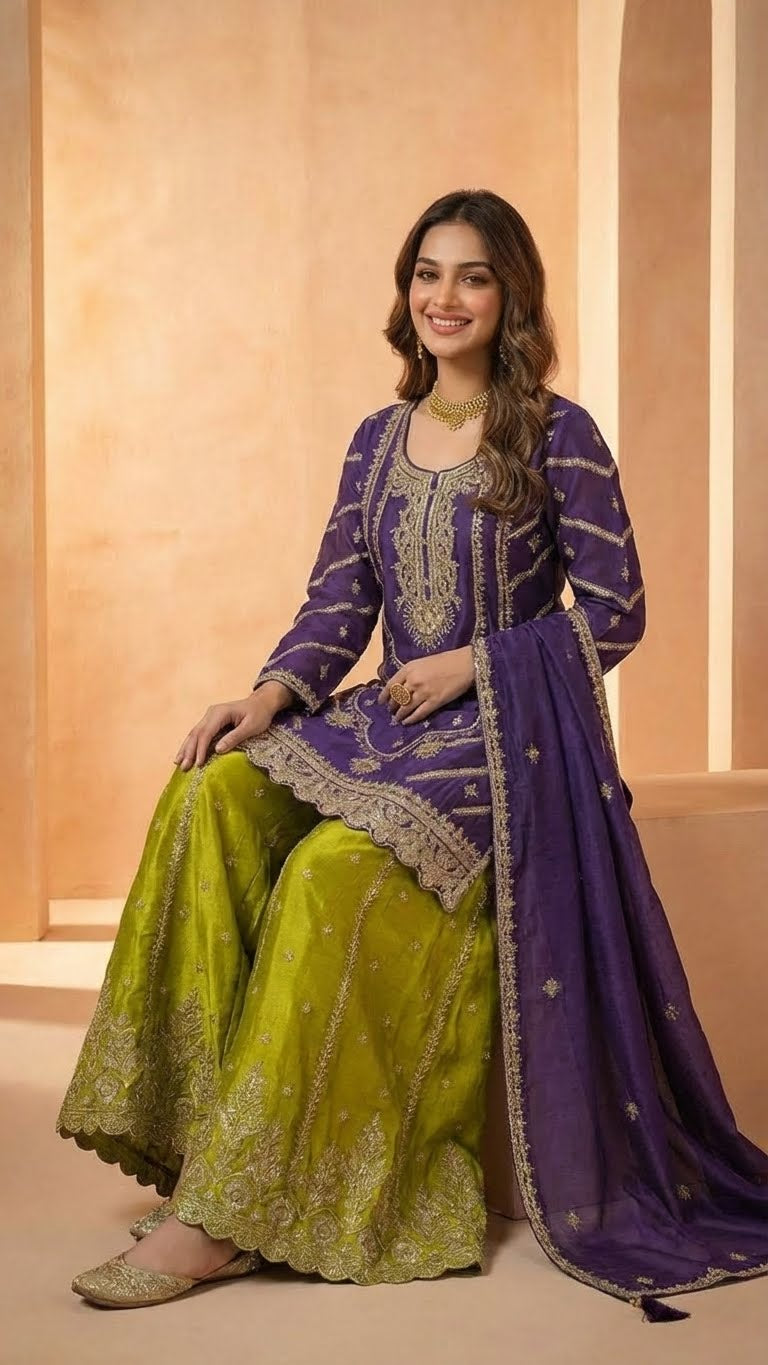 Deep Purple & Lime Green Heavy Soft Silk 3-Piece Plazo Set with Elegant Thread Work