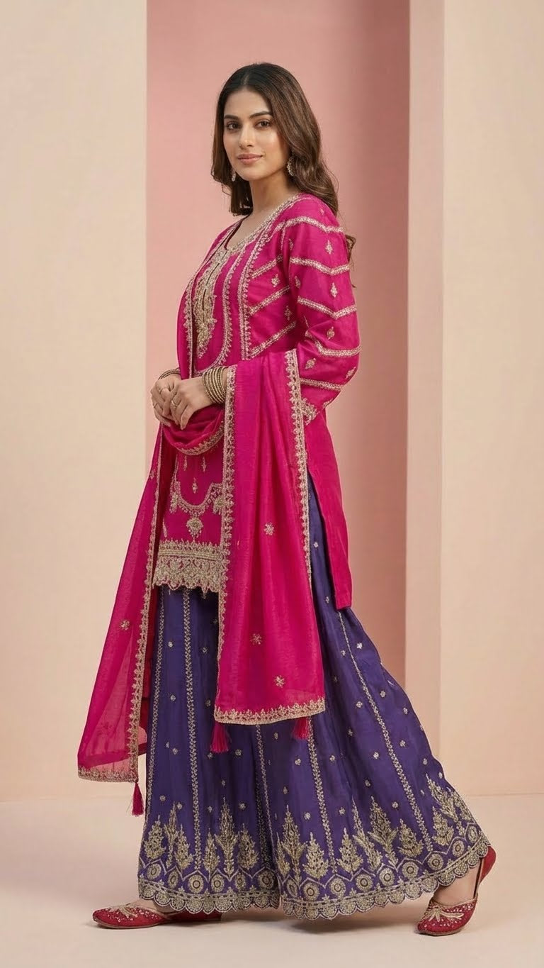 Hot Pink & Dark Purple Heavy Soft Silk 3-Piece Plazo Set with Elegant Thread Work