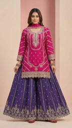 Hot Pink & Dark Purple Heavy Soft Silk 3-Piece Plazo Set with Elegant Thread Work