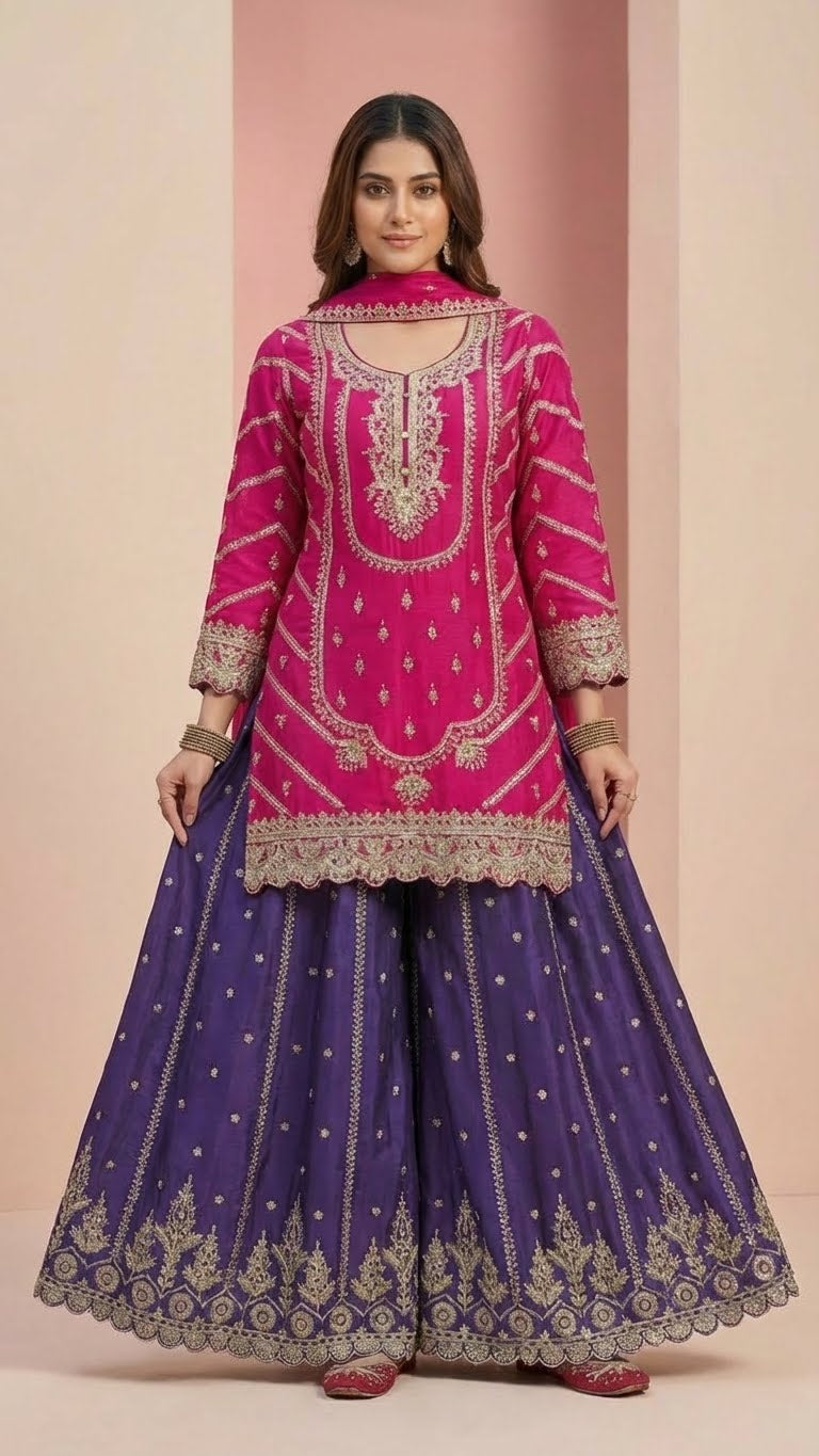 Hot Pink & Dark Purple Heavy Soft Silk 3-Piece Plazo Set with Elegant Thread Work