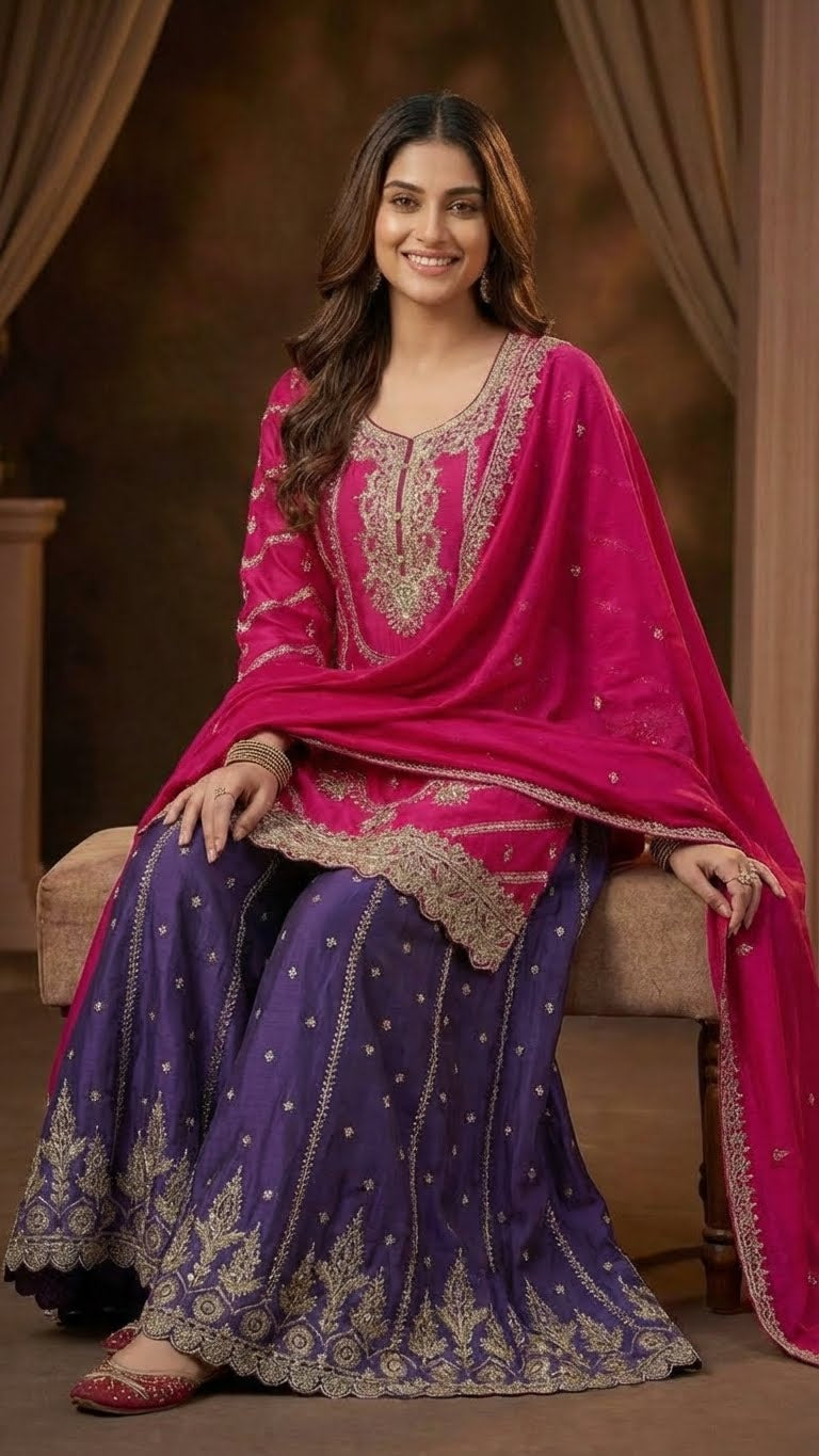Hot Pink & Dark Purple Heavy Soft Silk 3-Piece Plazo Set with Elegant Thread Work