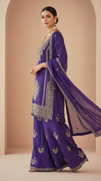 Purple Vichitra Silk 3-Piece Plazo Set – Women’s Wedding & Party Wear