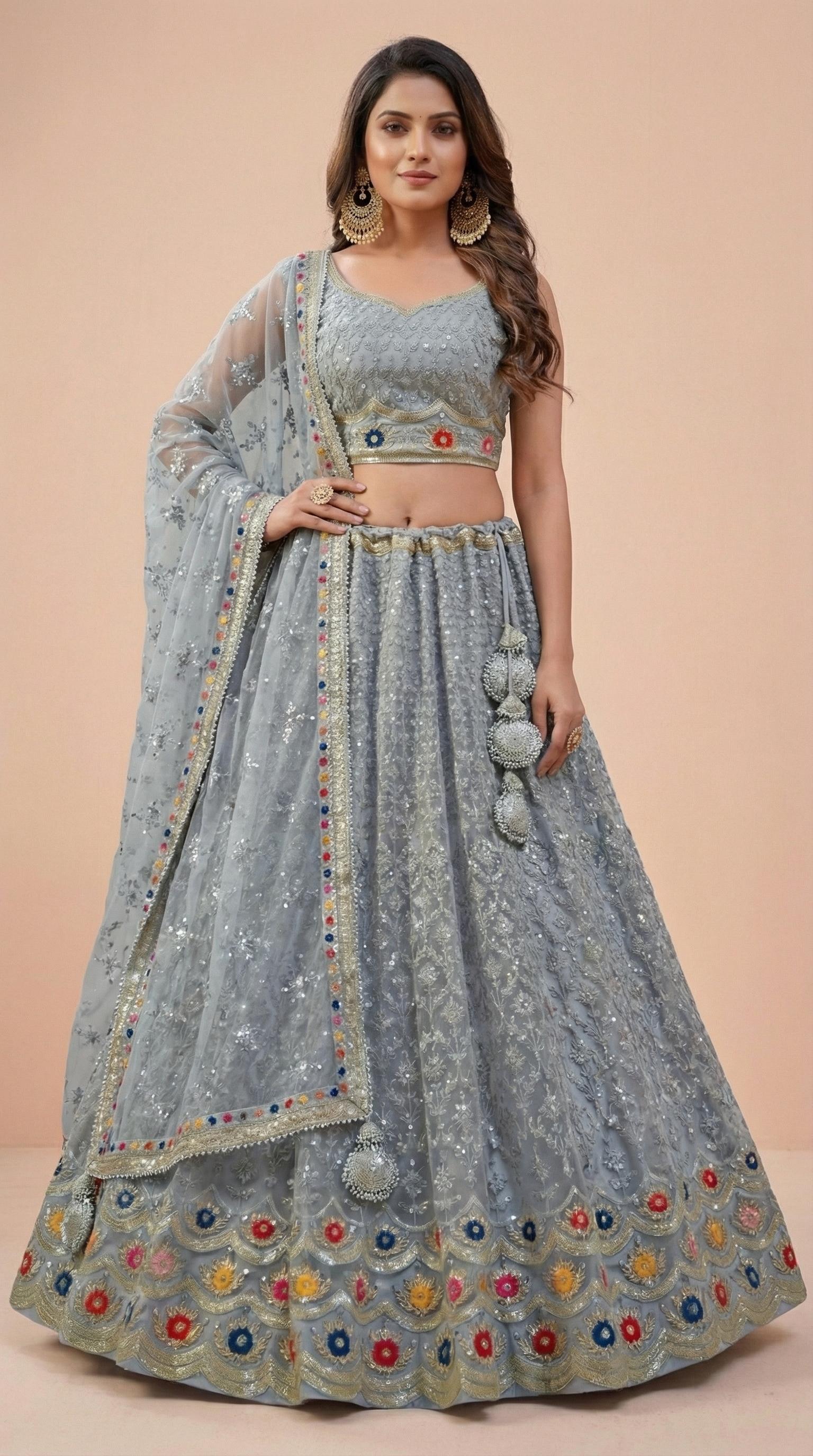 Ash Grey Soft Georgette Net Embroidered Lehenga Choli Set