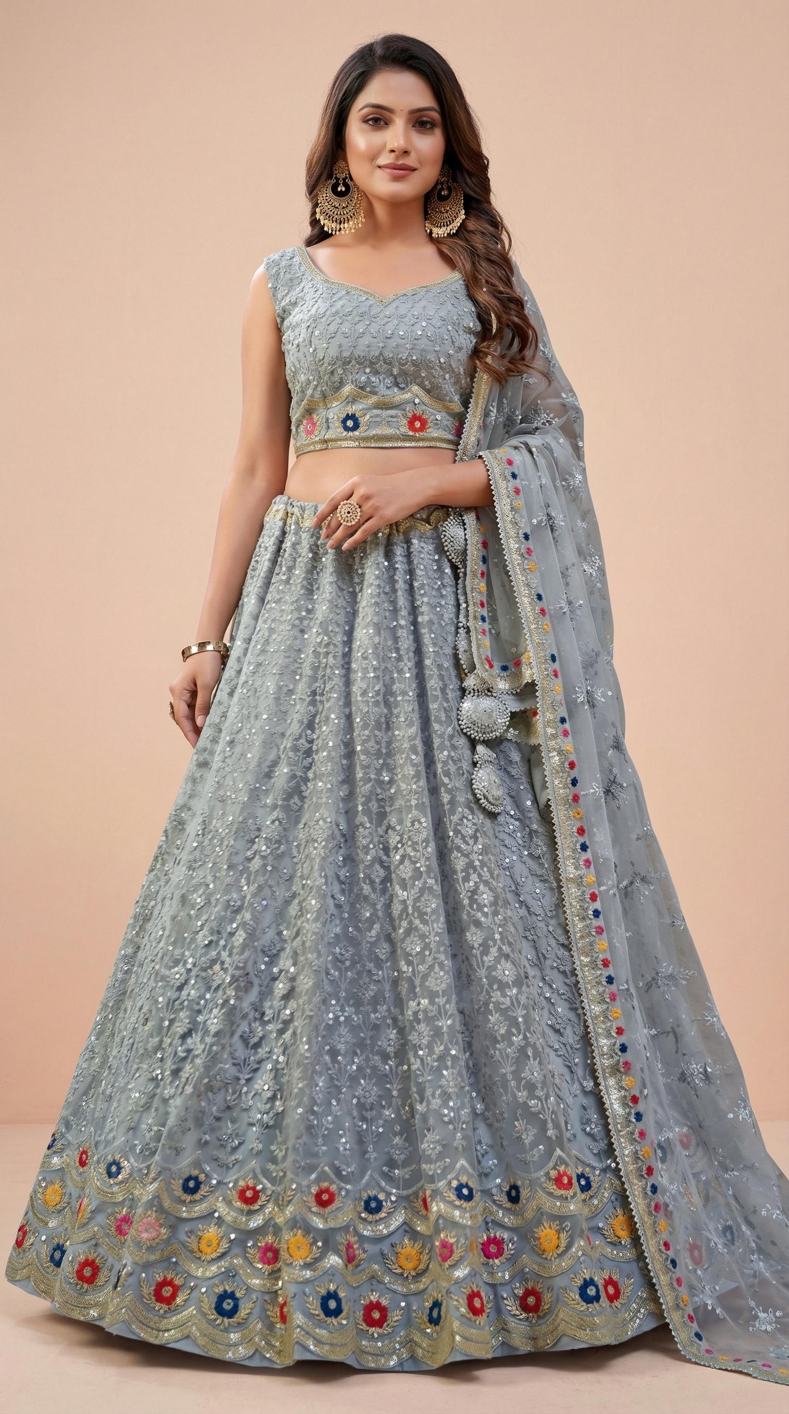 Ash Grey Soft Georgette Net Embroidered Lehenga Choli Set