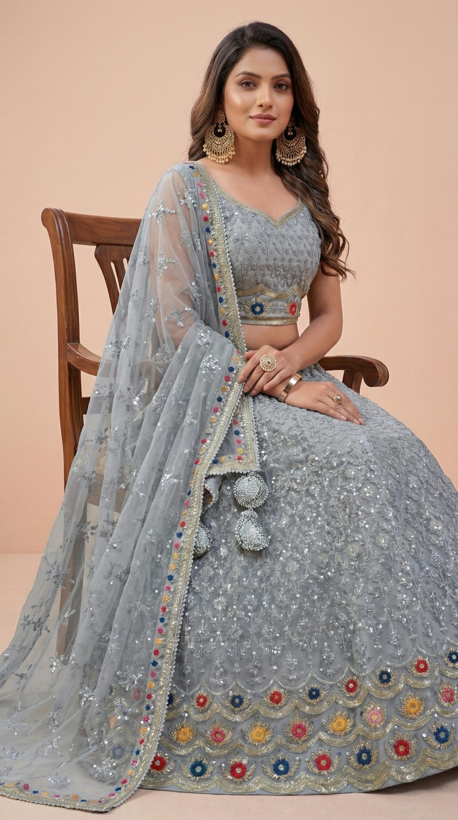 Ash Grey Soft Georgette Net Embroidered Lehenga Choli Set