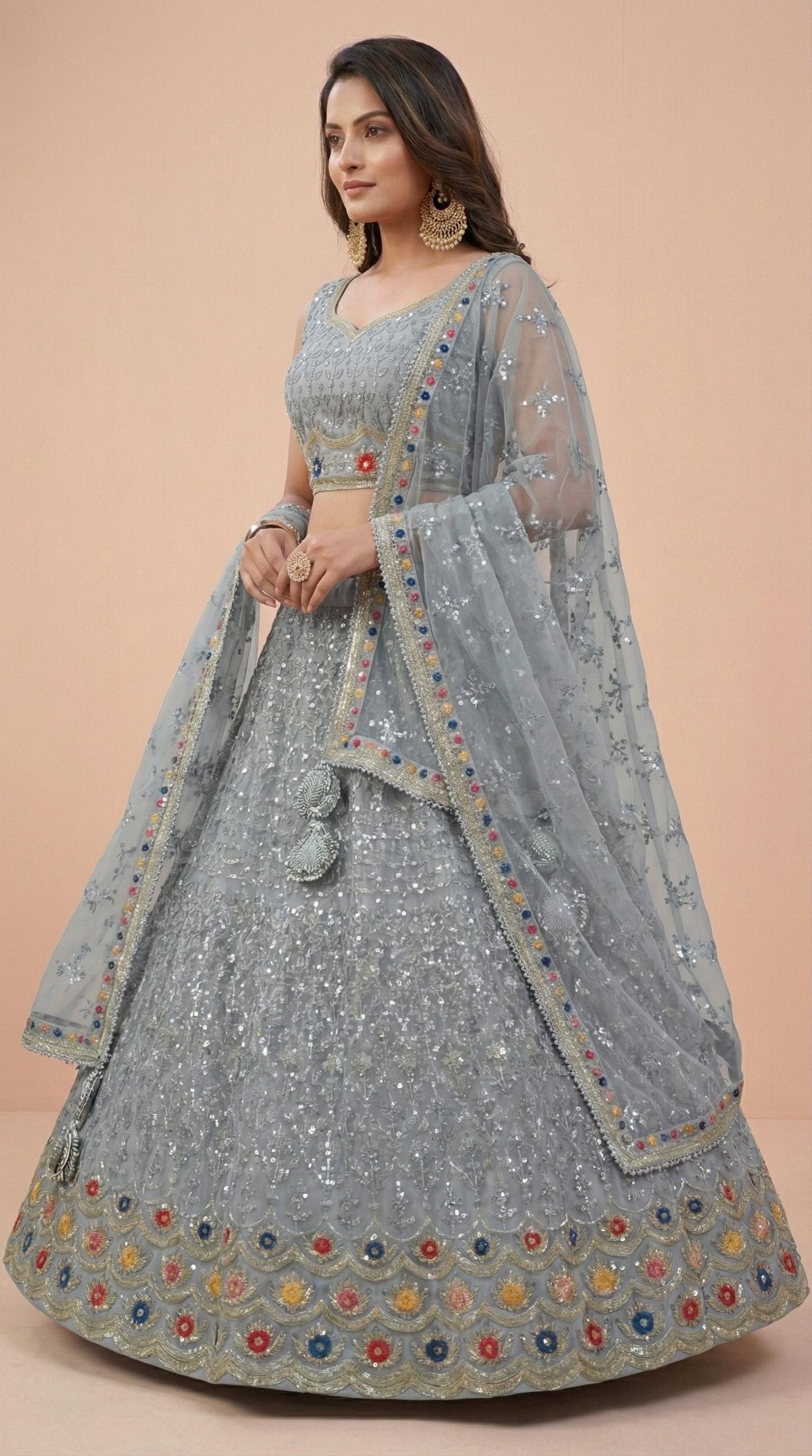 Ash Grey Soft Georgette Net Embroidered Lehenga Choli Set
