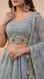 Ash Grey Soft Georgette Net Embroidered Lehenga Choli Set