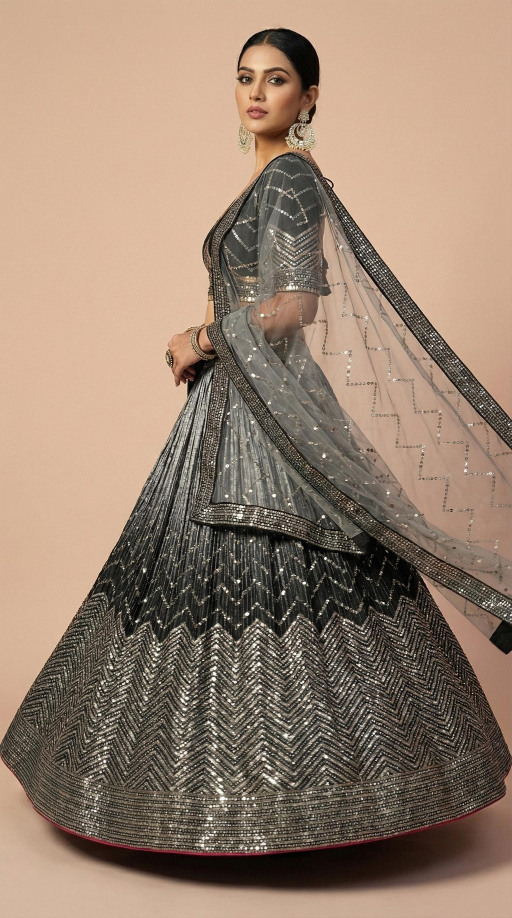 Midnight Black & Silver Shimmer Silk Sequined Lehenga Choli Set