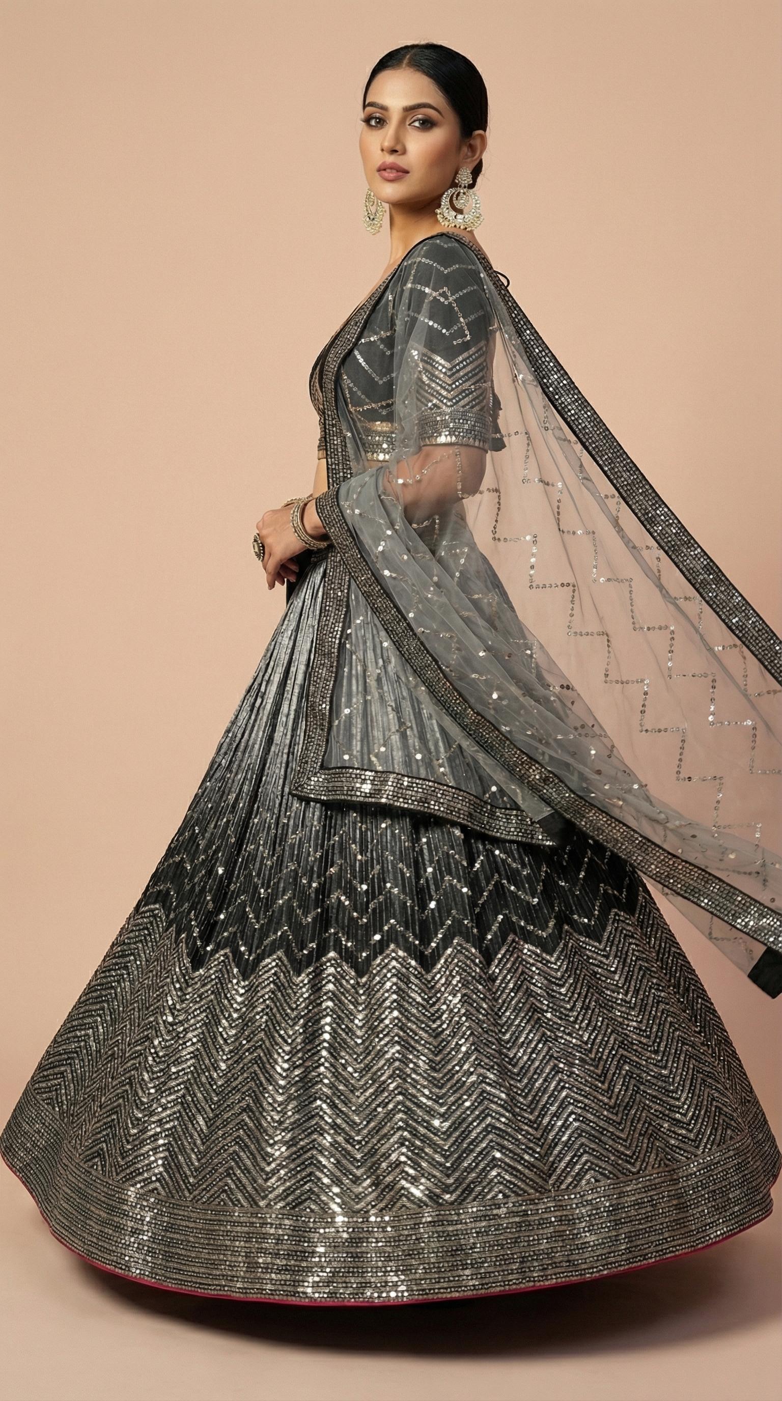 Midnight Black & Silver Shimmer Silk Sequined Lehenga Choli Set