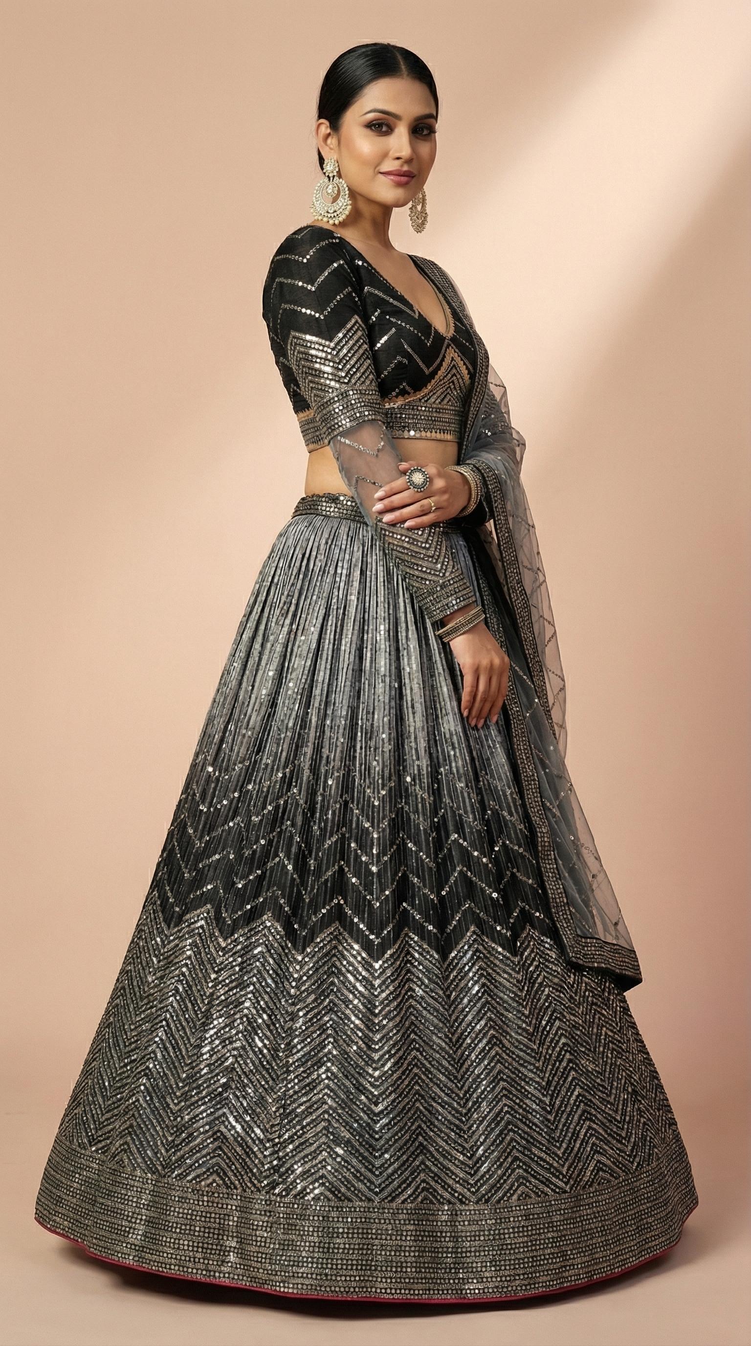 Midnight Black & Silver Shimmer Silk Sequined Lehenga Choli Set