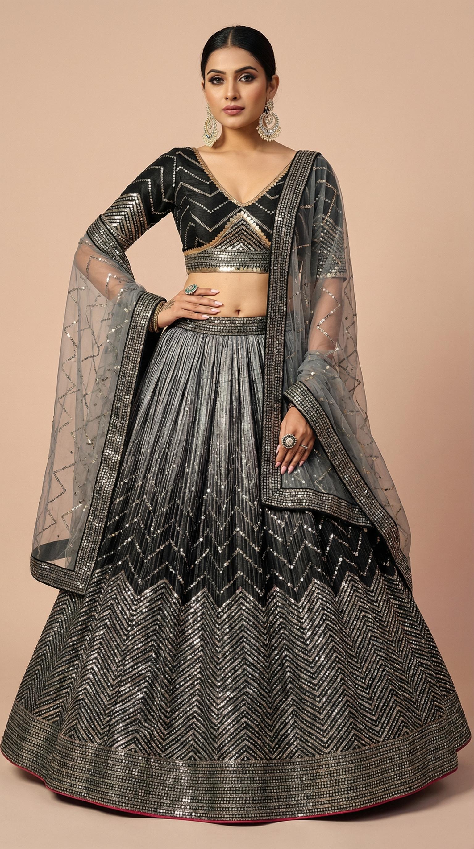 Midnight Black & Silver Shimmer Silk Sequined Lehenga Choli Set