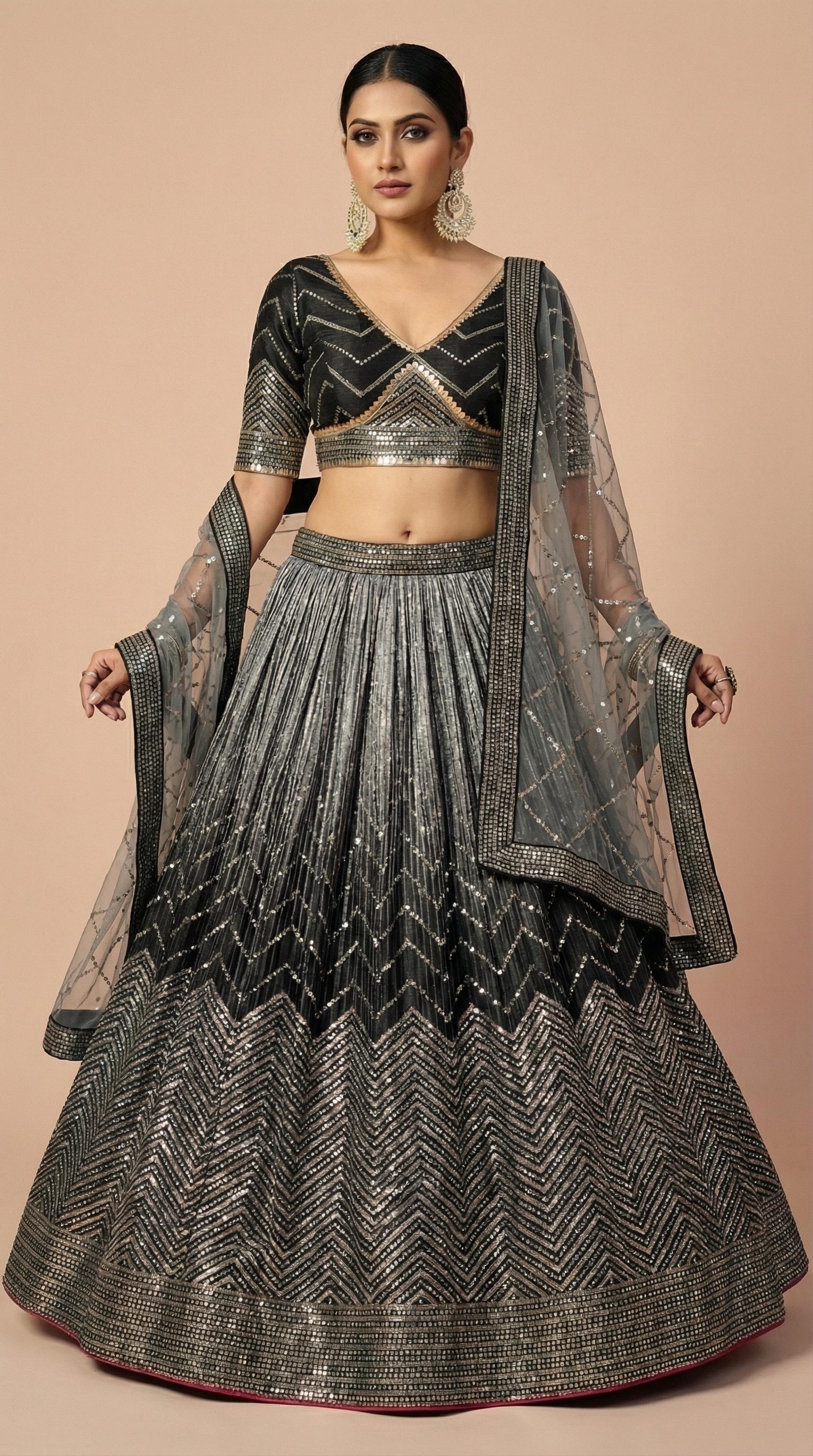 Midnight Black & Silver Shimmer Silk Sequined Lehenga Choli Set