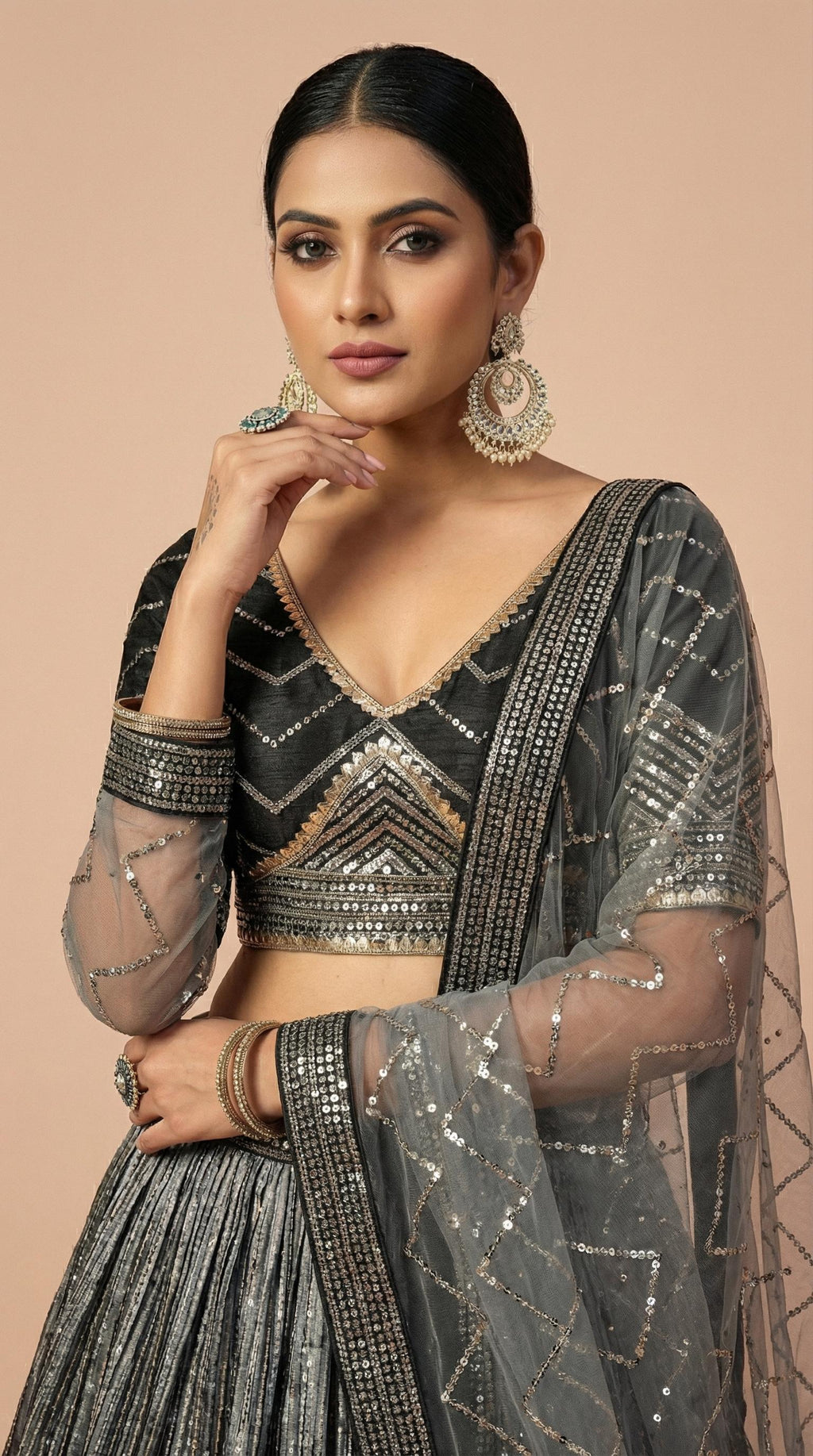 Midnight Black & Silver Shimmer Silk Sequined Lehenga Choli Set