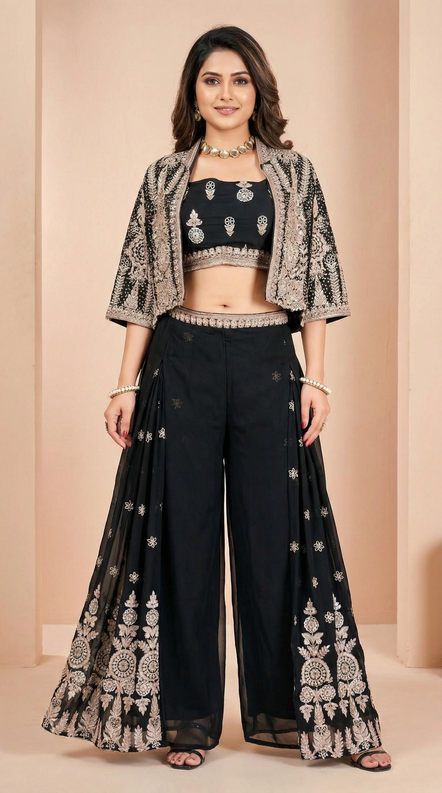 Black Embroidered Crop Top with Shrug and Palazzo Set