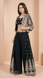 Black Embroidered Crop Top with Shrug and Palazzo Set