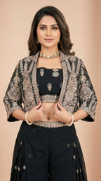 Black Embroidered Crop Top with Shrug and Palazzo Set