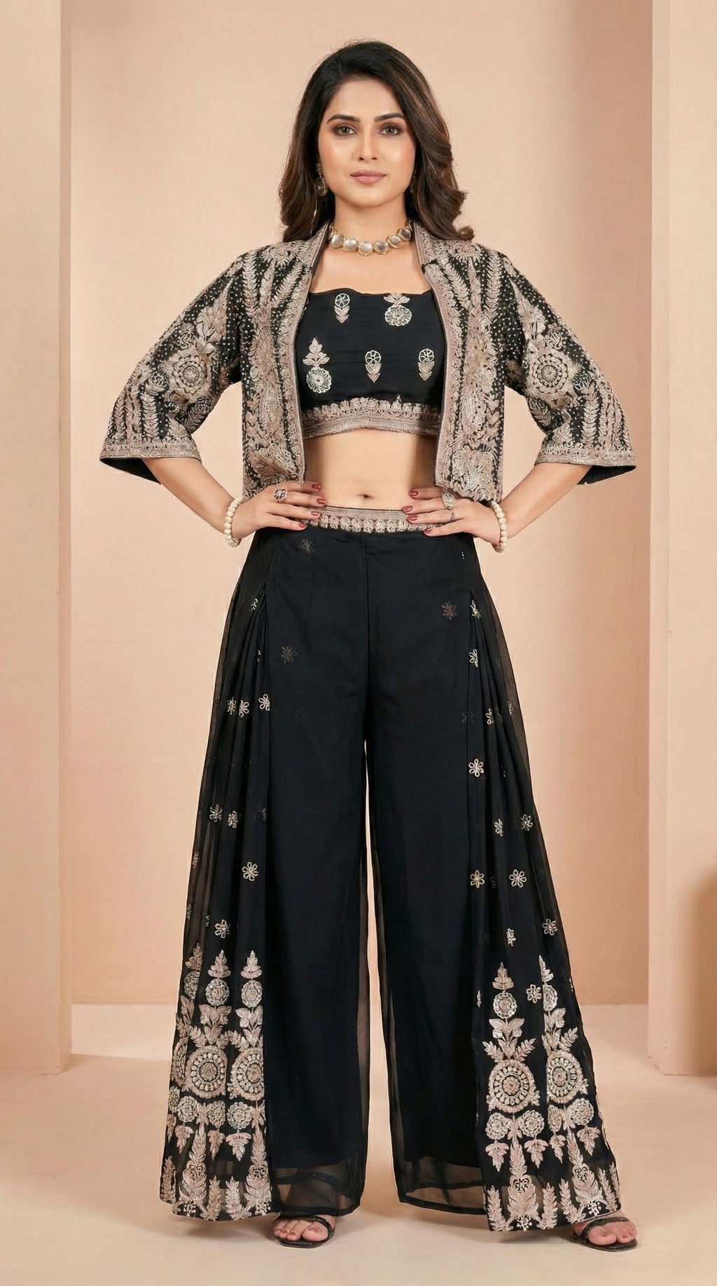 Black Embroidered Crop Top with Shrug and Palazzo Set