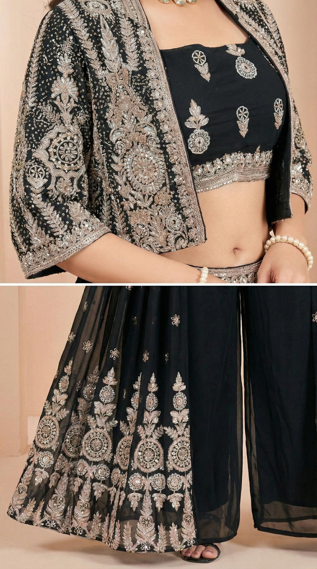 Black Embroidered Crop Top with Shrug and Palazzo Set