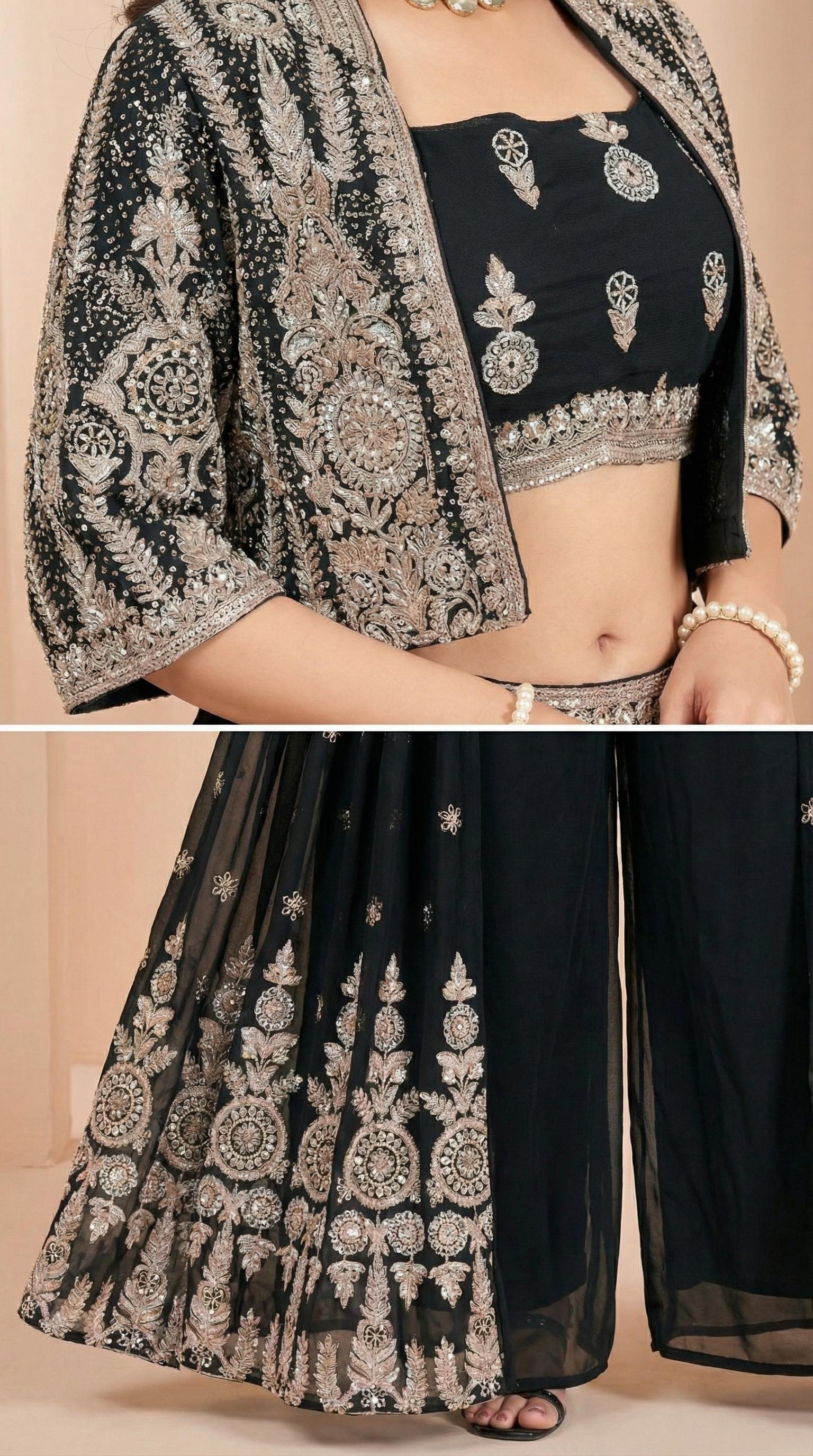 Black Embroidered Crop Top with Shrug and Palazzo Set
