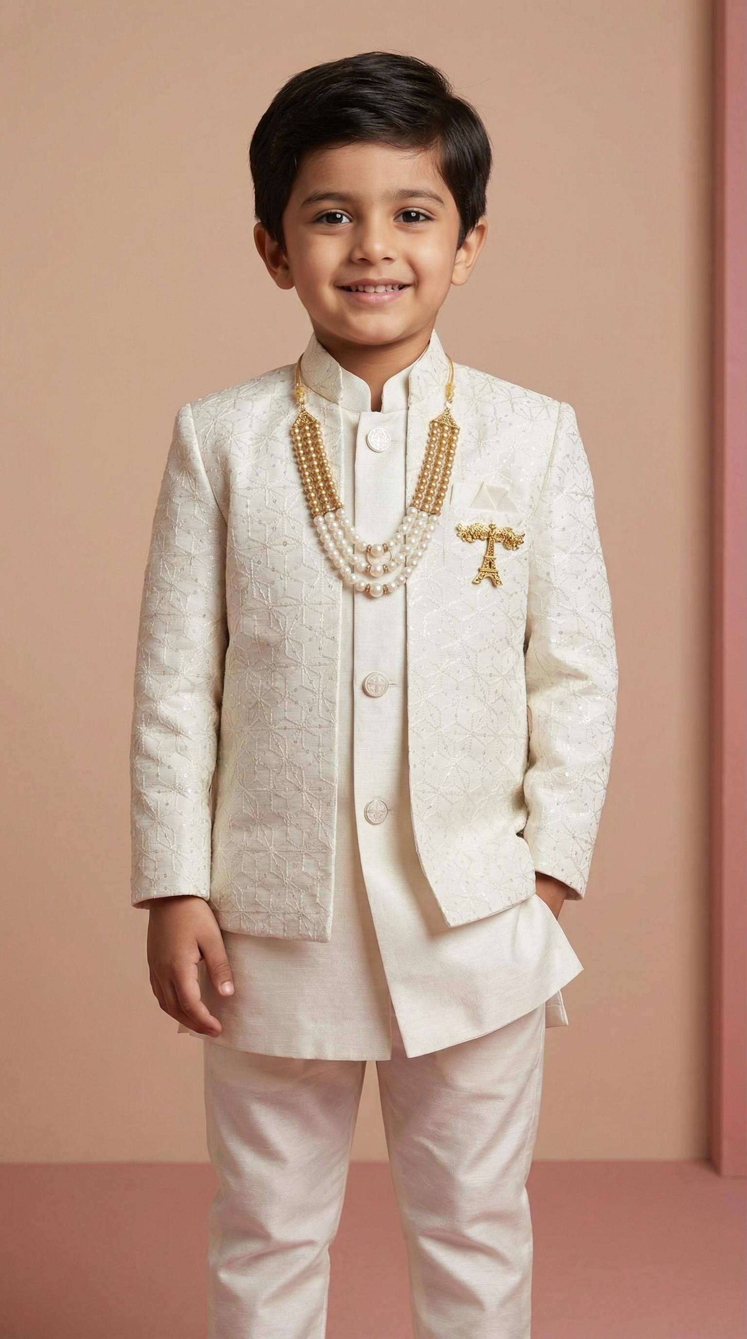 Boy's Pearl White Indo-Western Embroidered Kurta Pajama Set