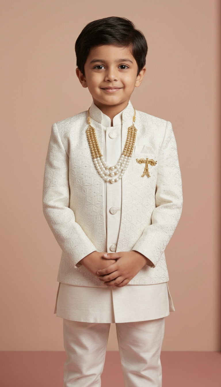 Boy's Pearl White Indo-Western Embroidered Kurta Pajama Set