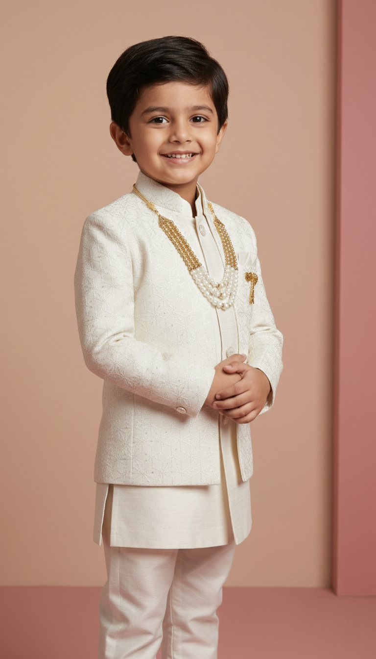 Boy's Pearl White Indo-Western Embroidered Kurta Pajama Set