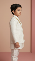 Boy's Pearl White Indo-Western Embroidered Kurta Pajama Set