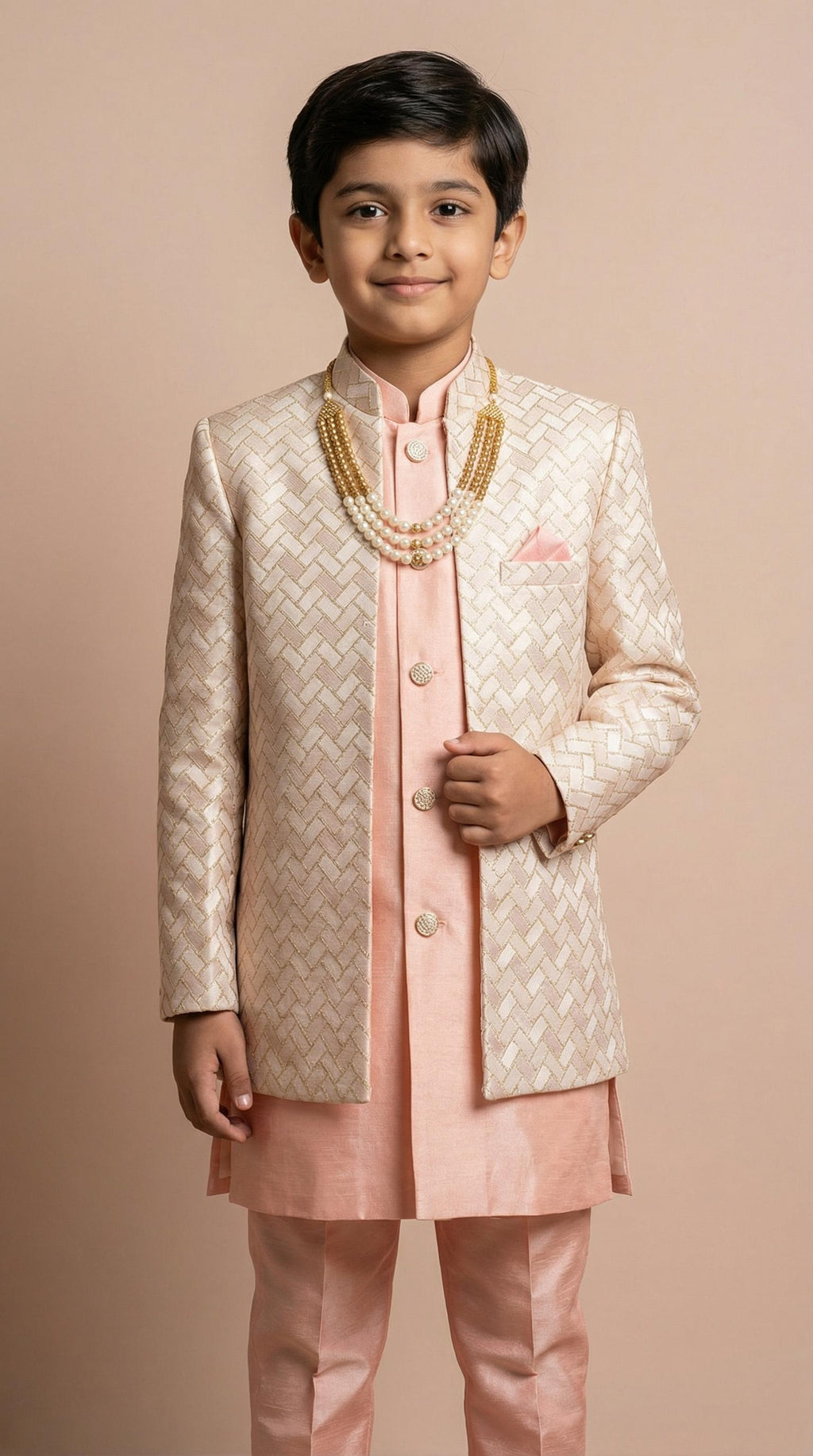 Boy's Peach Geometric Embroidered Indo-Western Kurta Pajama Set