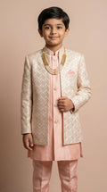 Boy's Peach Geometric Embroidered Indo-Western Kurta Pajama Set