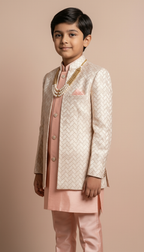 Boy's Peach Geometric Embroidered Indo-Western Kurta Pajama Set