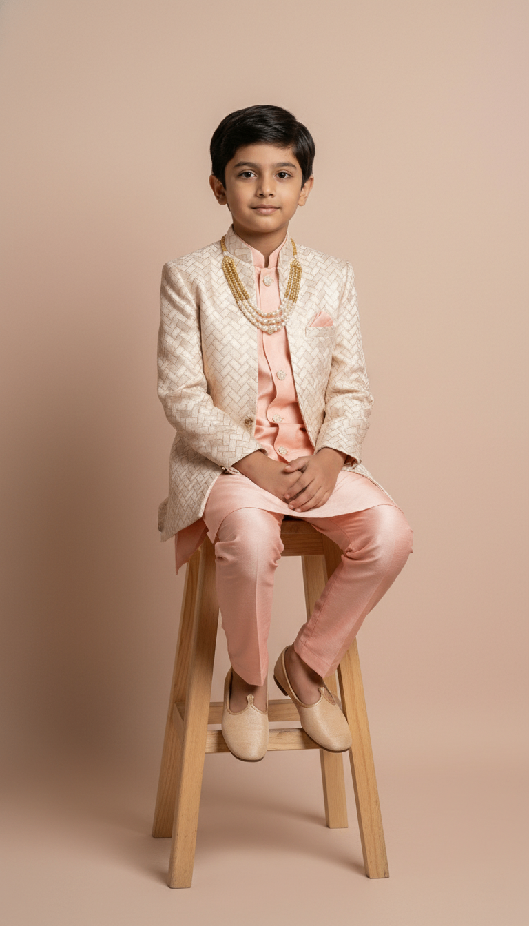 Boy's Peach Geometric Embroidered Indo-Western Kurta Pajama Set