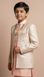 Boy's Peach Geometric Embroidered Indo-Western Kurta Pajama Set