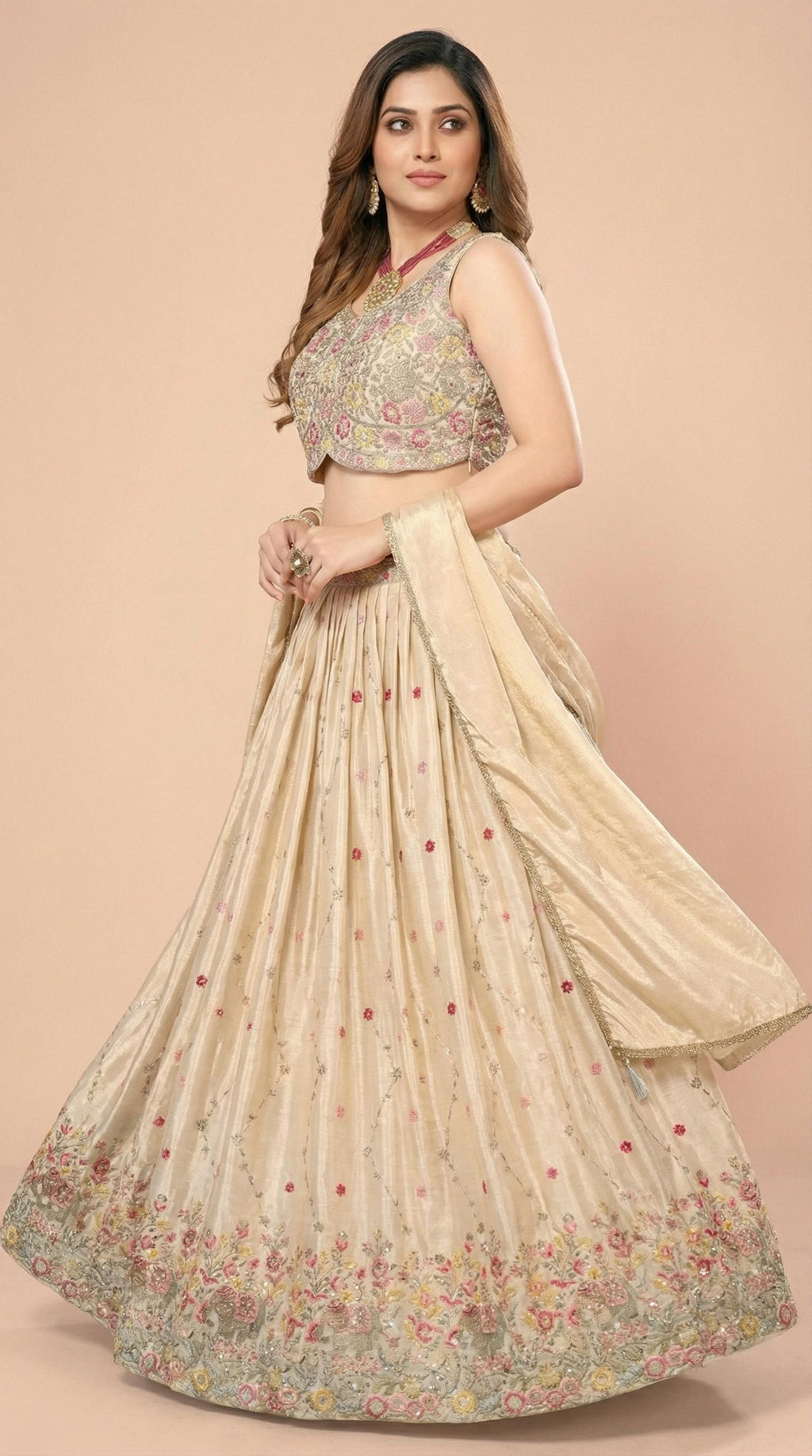 Cream Floral Embroidered Silk Lehenga Choli Set