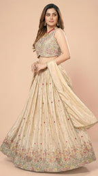 Cream Floral Embroidered Silk Lehenga Choli Set