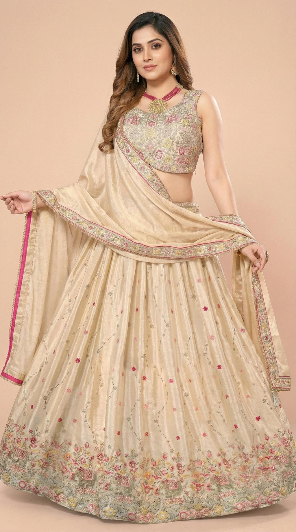 Cream Floral Embroidered Silk Lehenga Choli Set