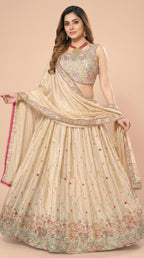Cream Floral Embroidered Silk Lehenga Choli Set