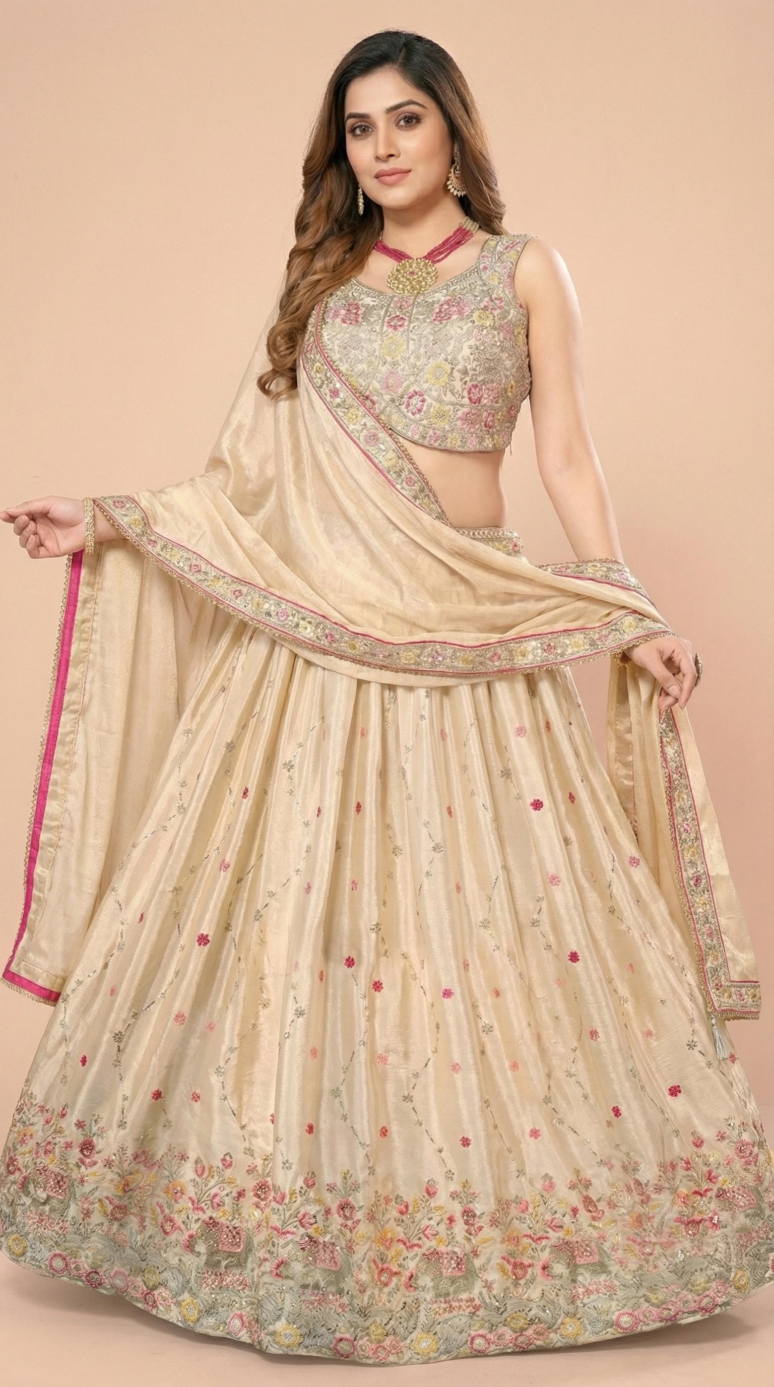 Cream Floral Embroidered Silk Lehenga Choli Set