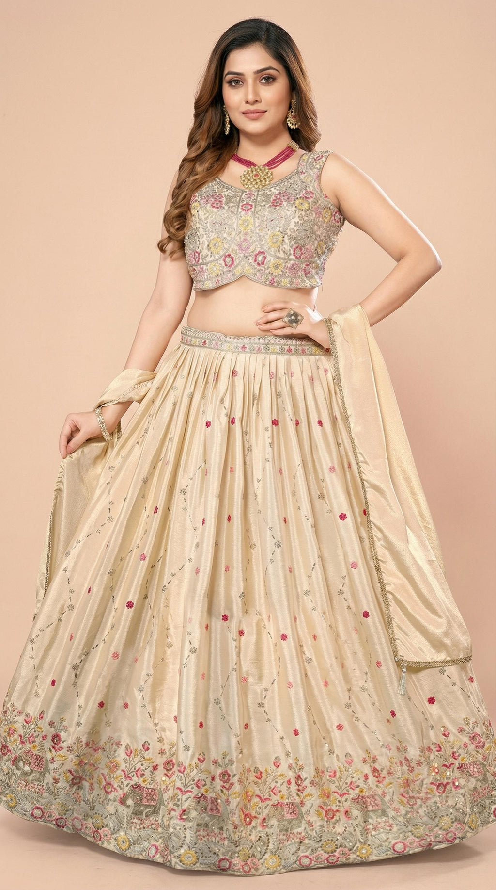 Cream Floral Embroidered Silk Lehenga Choli Set
