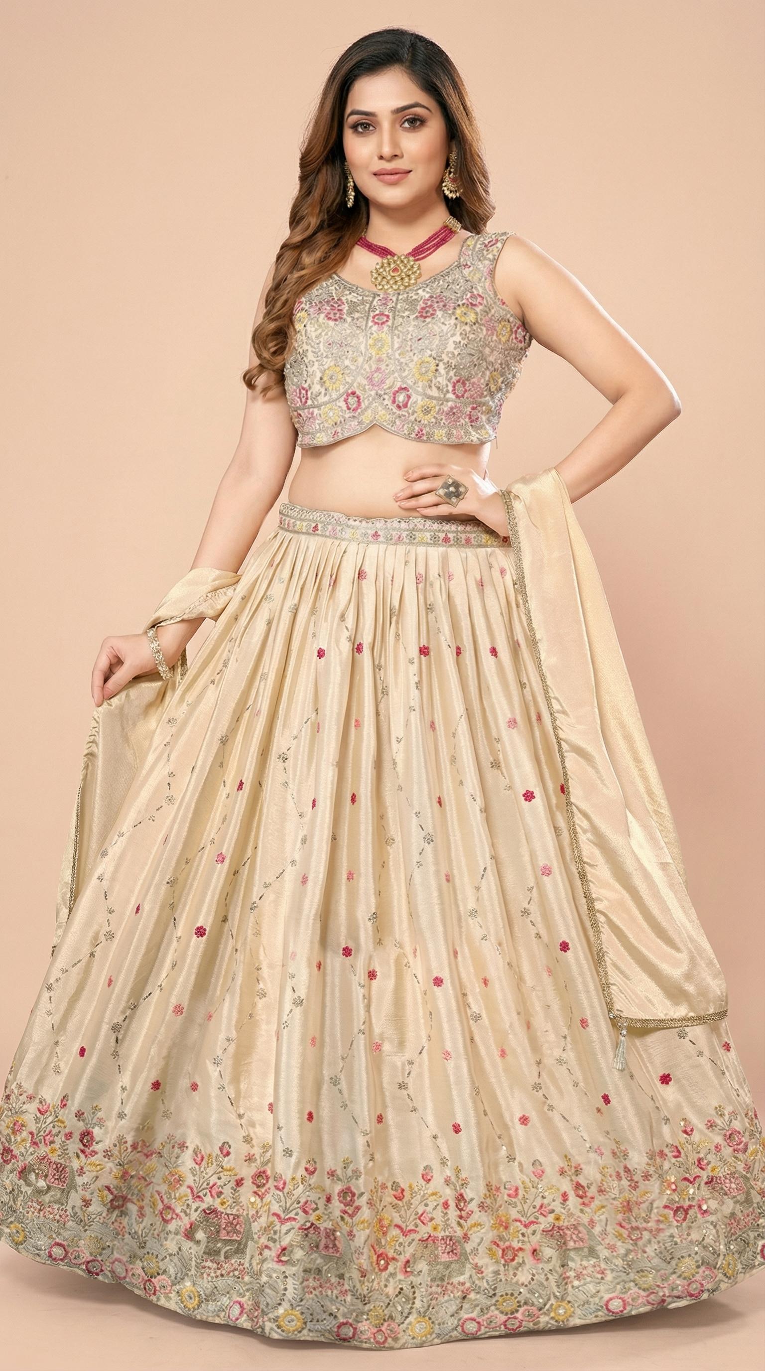 Cream Floral Embroidered Silk Lehenga Choli Set