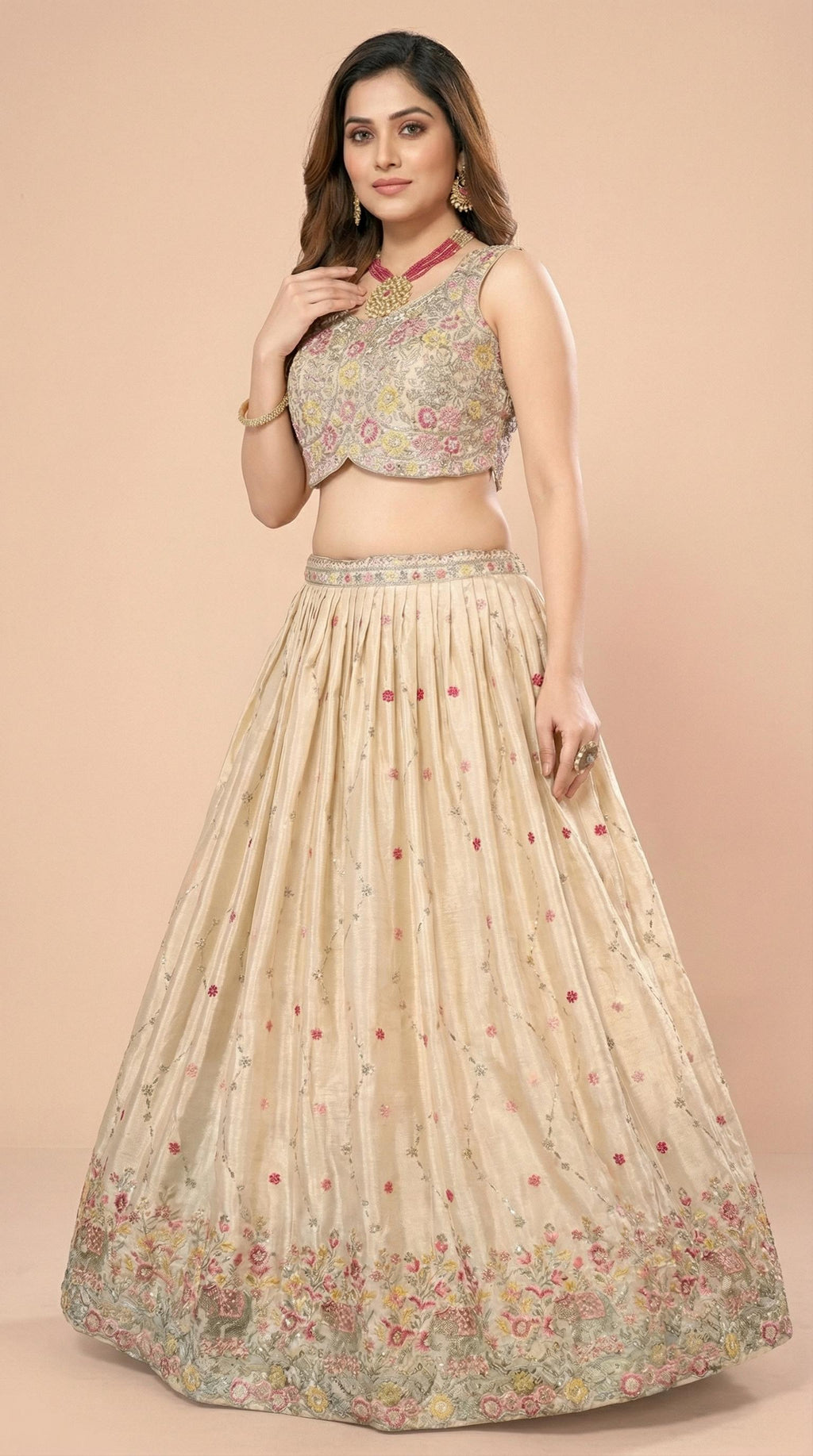 Cream Floral Embroidered Silk Lehenga Choli Set