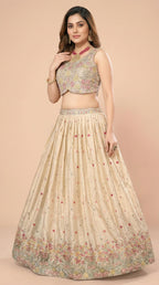 Cream Floral Embroidered Silk Lehenga Choli Set