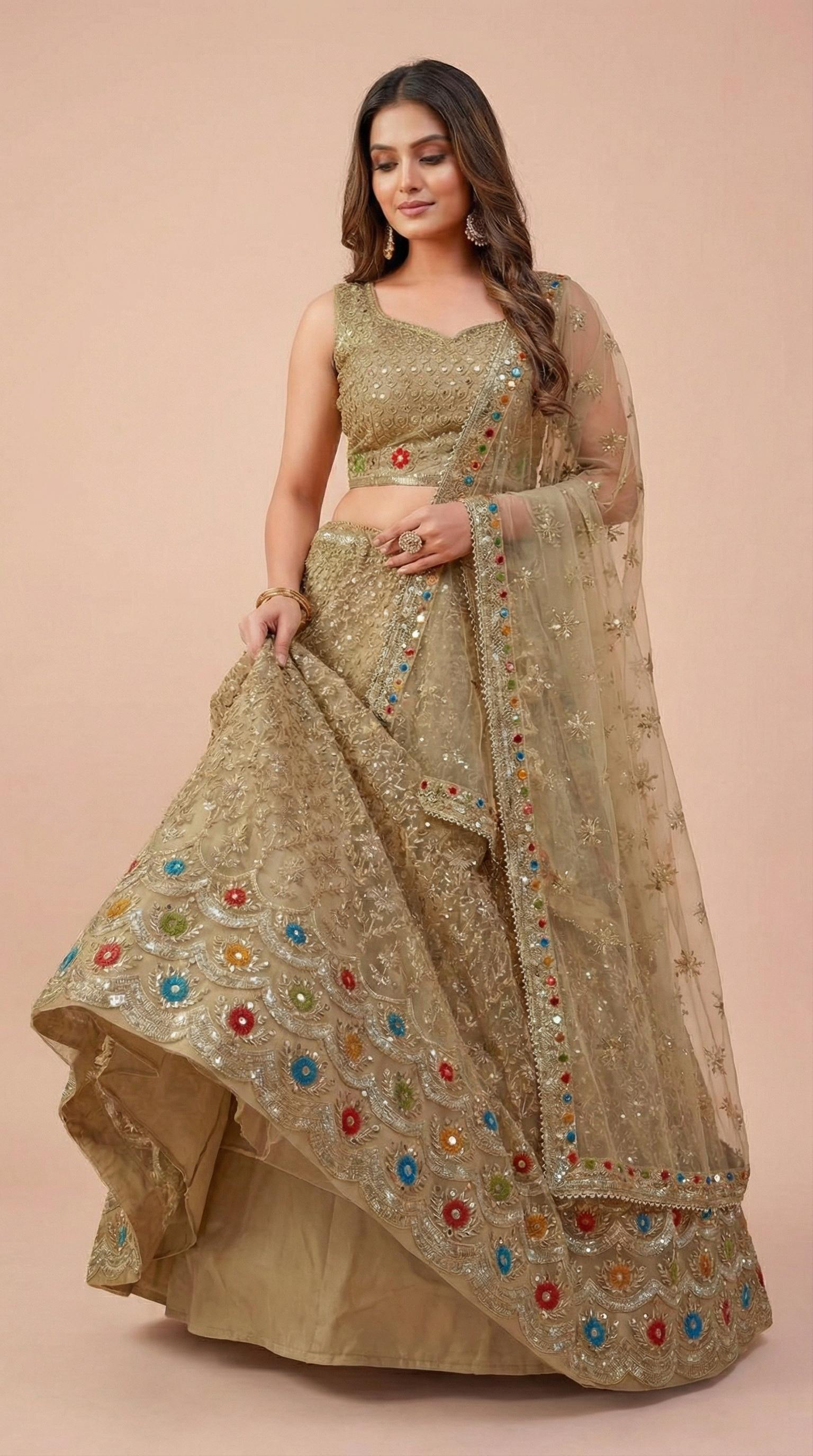 Skin Cream Soft Georgette Net Embroidered Lehenga Choli Set