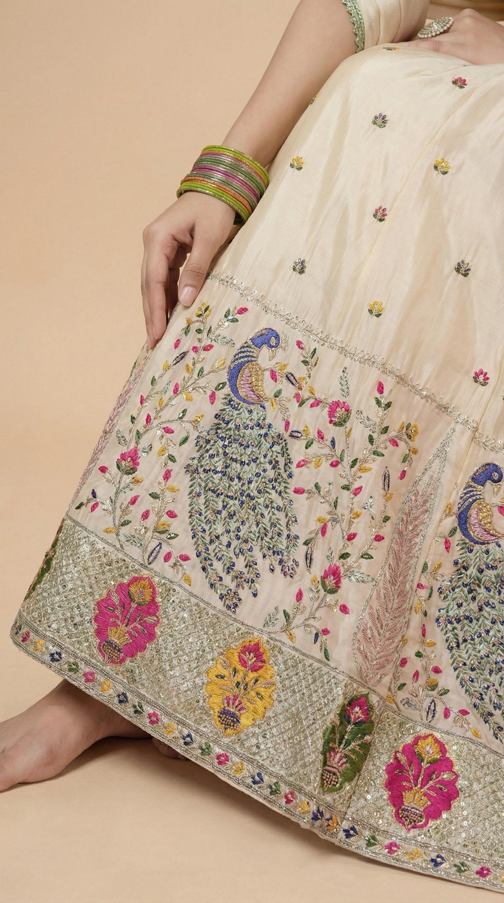 Cream Peacock Embroidered Festive Lehenga Choli Set