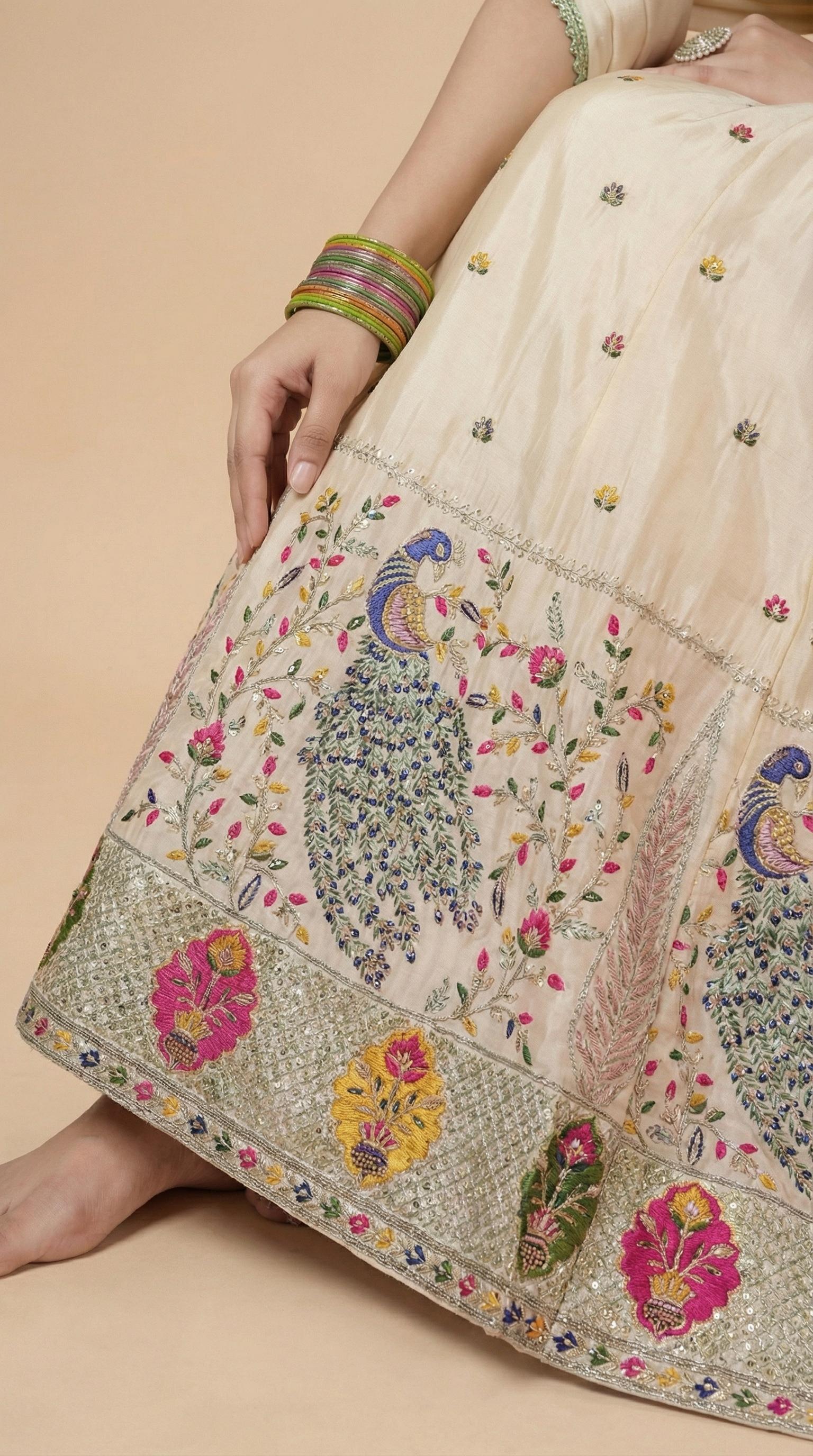 Cream Peacock Embroidered Festive Lehenga Choli Set