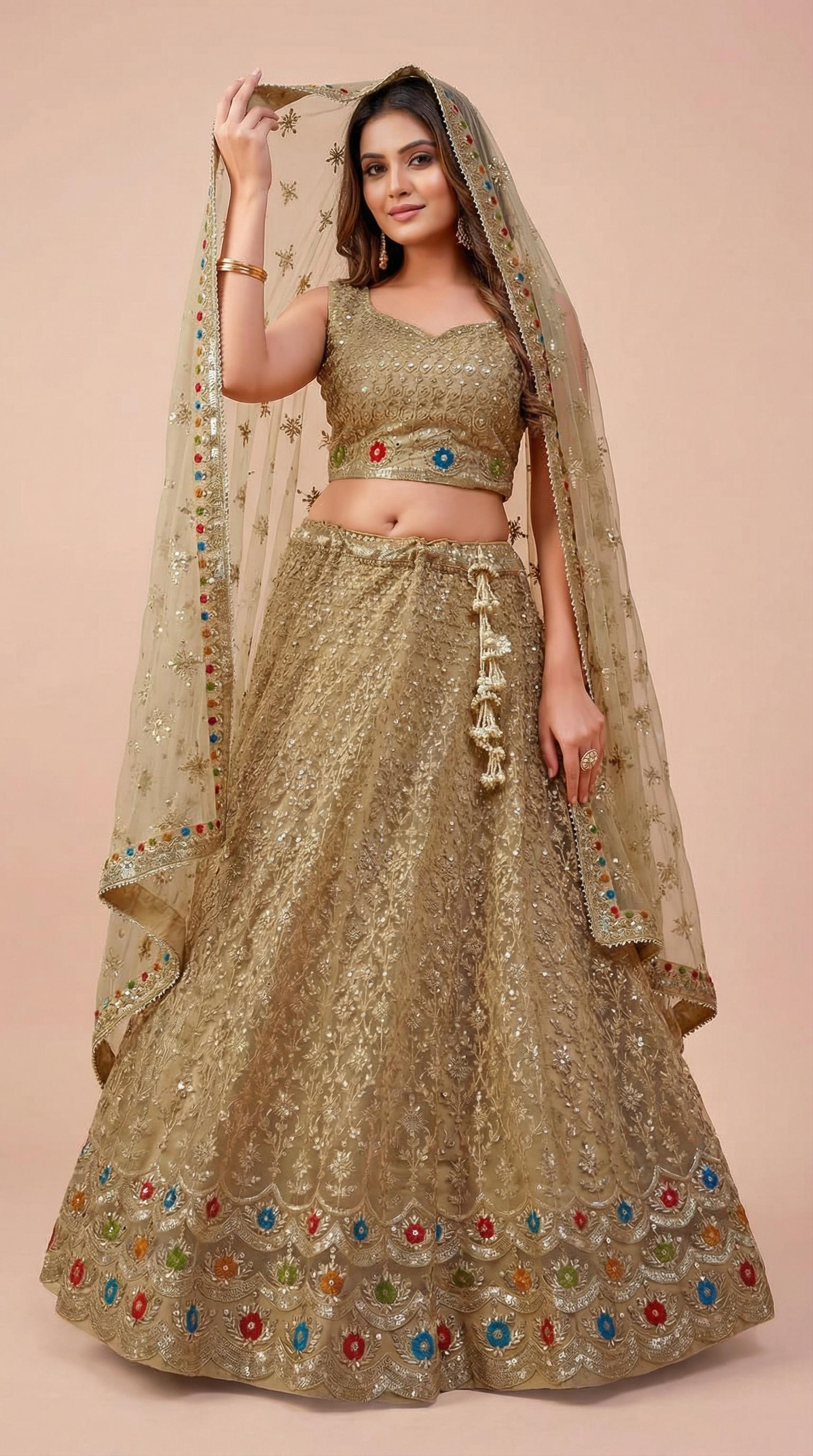 Skin Cream Soft Georgette Net Embroidered Lehenga Choli Set