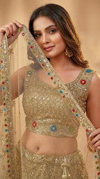 Skin Cream Soft Georgette Net Embroidered Lehenga Choli Set