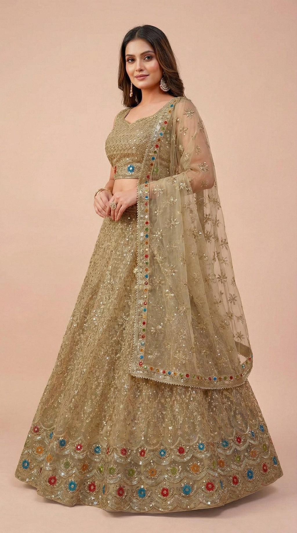 Skin Cream Soft Georgette Net Embroidered Lehenga Choli Set
