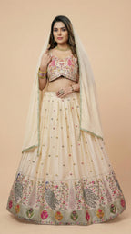 Cream Peacock Embroidered Festive Lehenga Choli Set